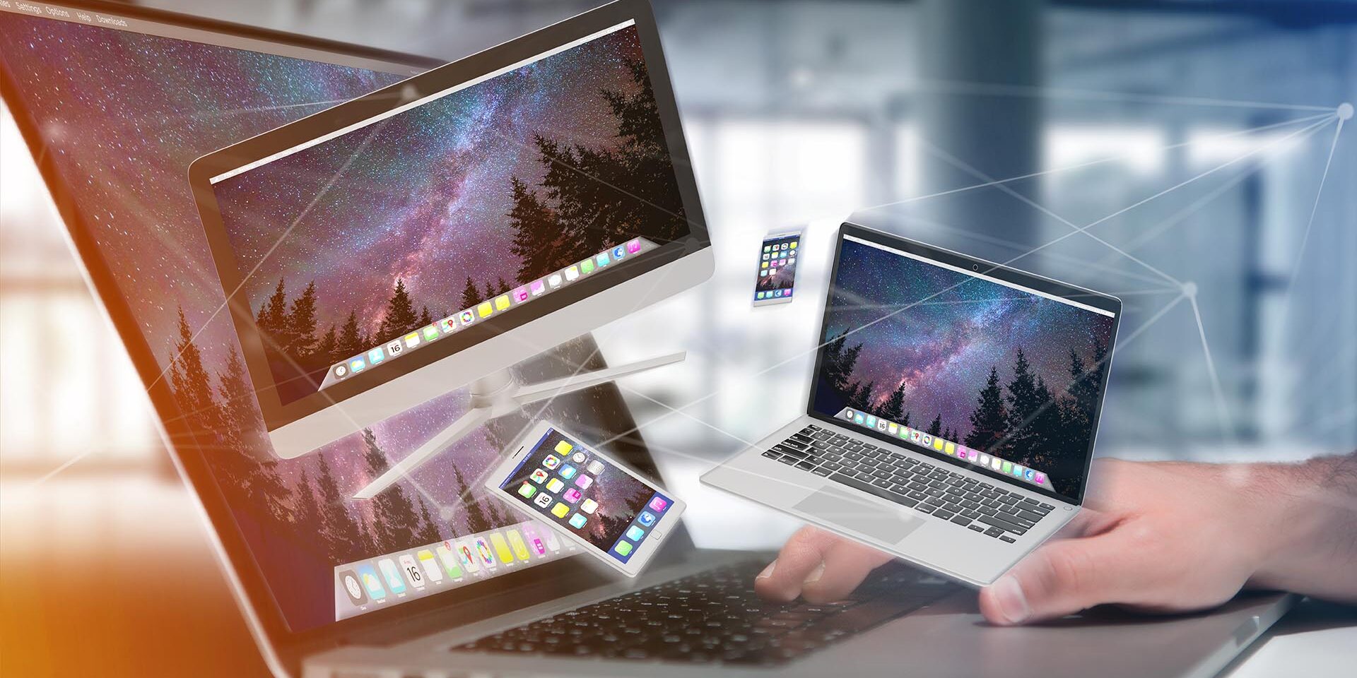 Devices like smartphone, tablet or computer flying over connection network – 3d render Kuvassa näkyy kannettavia tietokoneita, tabletteja sekä puhelimia etualalla sekä taustalla käsi näppäimistöllä