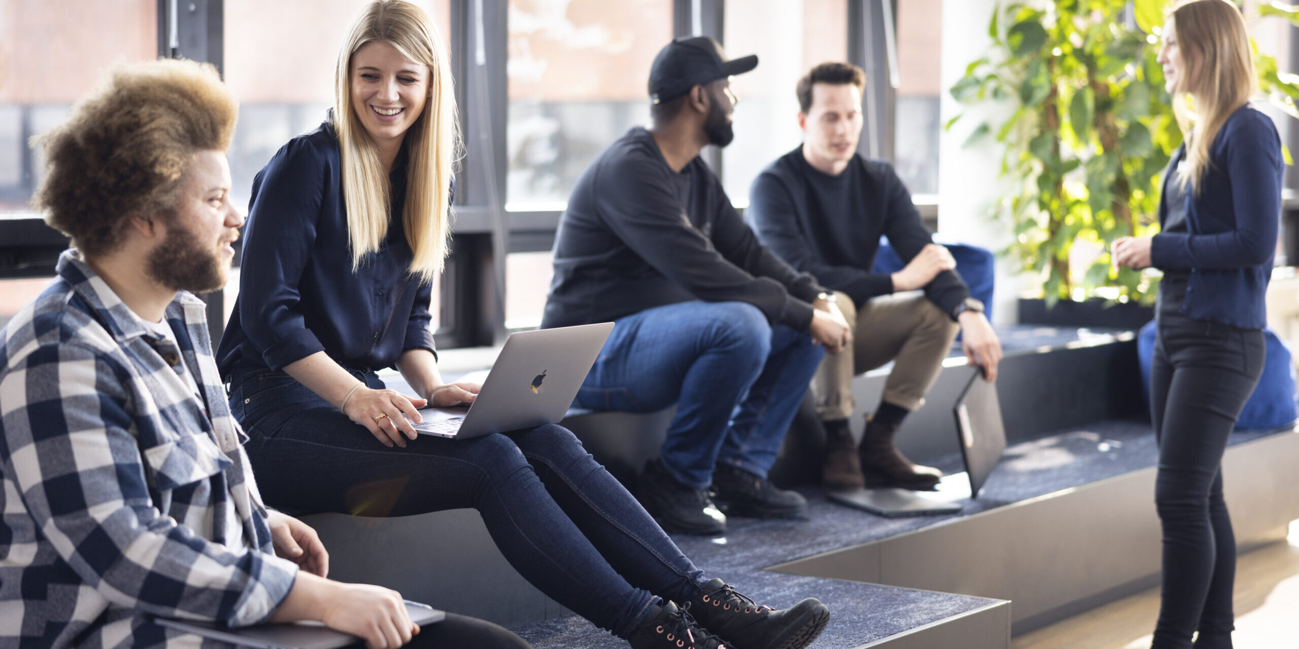 WeGo Groupin asiakkaan Hoxhuntin referenssissä käytetty kansikuva. Kuvassa ihmisiä istuu toimiston portailla tietokoneiden kanssa. Taustalla näkyy viherkasvi.