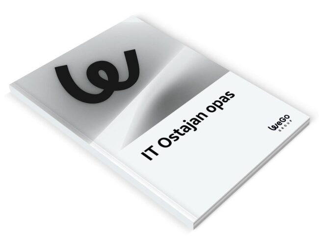Kuva kirjan kannesta, jossa on WeGo Groupin logo ja teksti "IT ostajan opas"